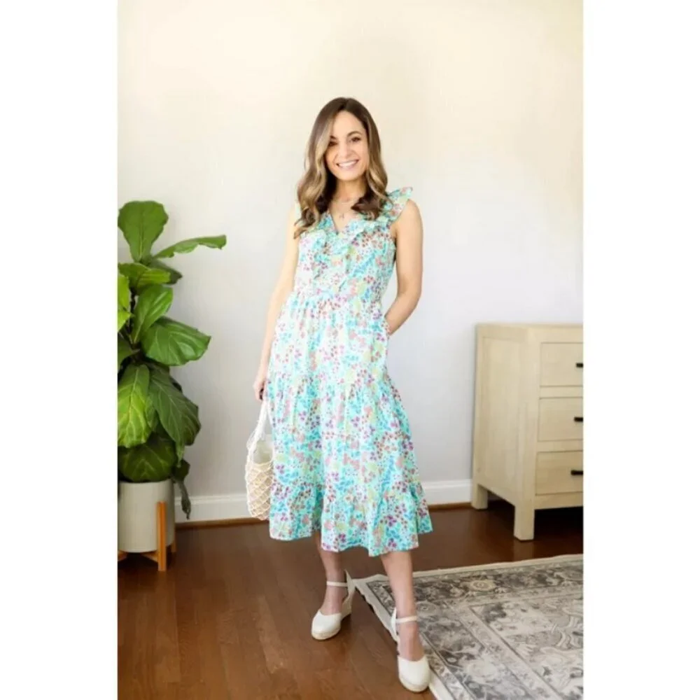 💕J. CREW💕 Printed V-Neck Smocked Midi Dress ~ Fresh Spearmint Floral Print 8